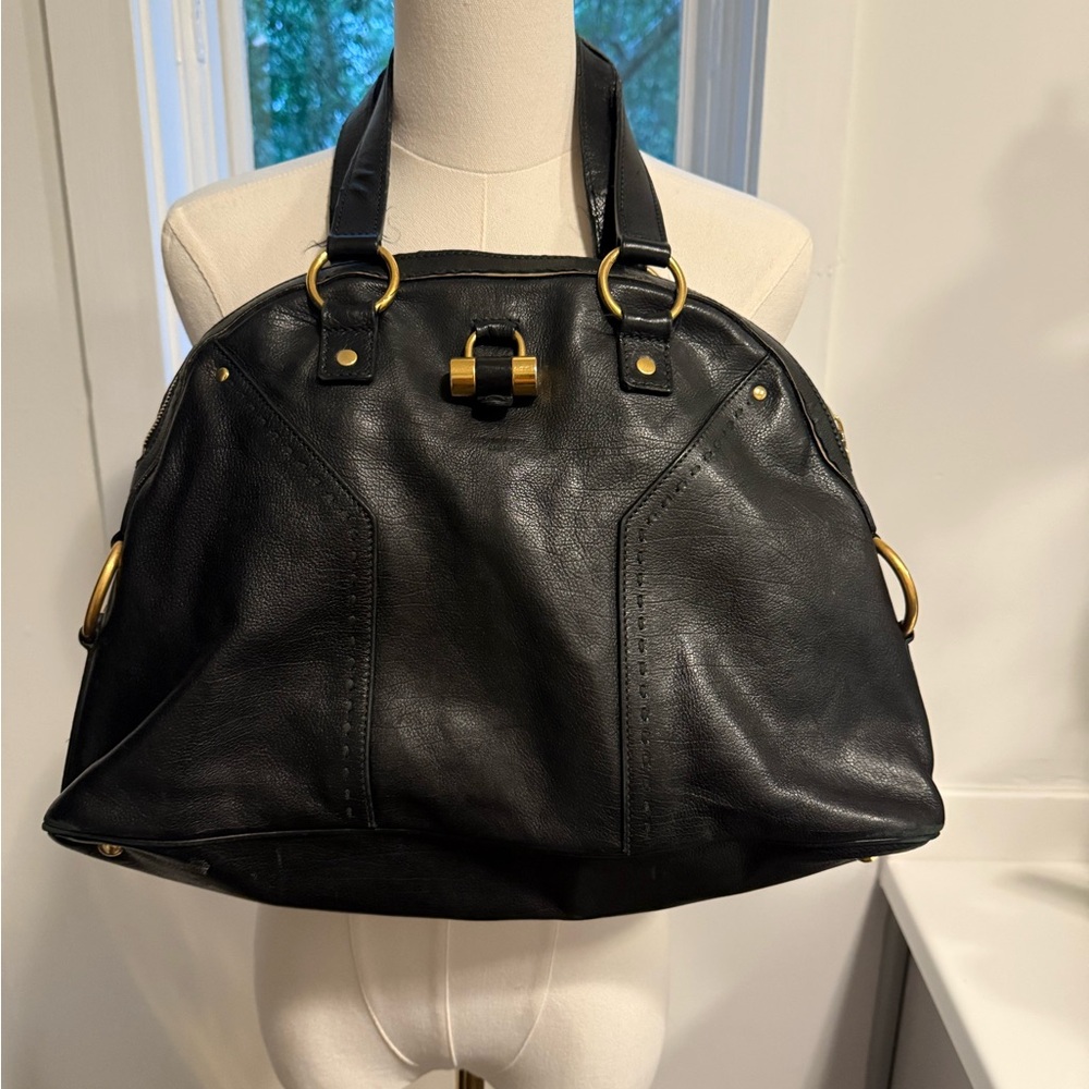 Yves Saint Laurent Black Leather Shoulder Bag with Gold Hardware